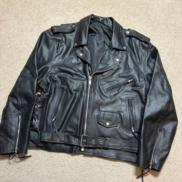 Leather Motorcycle Jacket Mens 44 Black Belted Side Lace Biker Zip Pockets - Picture 3 of 16